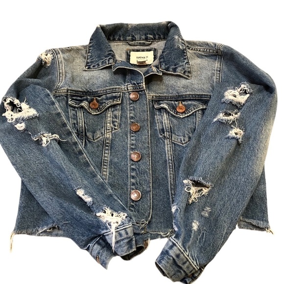 Jean Jacket Raw Hem Cropped Ripped Distressed Size Small Forever 21 - Picture 2 of 5
